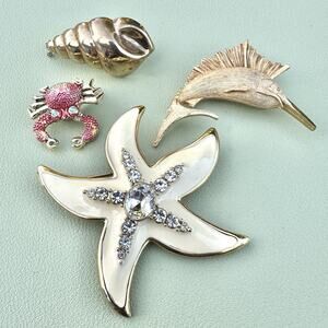 Vintage Sea Life Brooch Lot Starfish Swordfish Crab Shell Clip Rhinestone Enamel